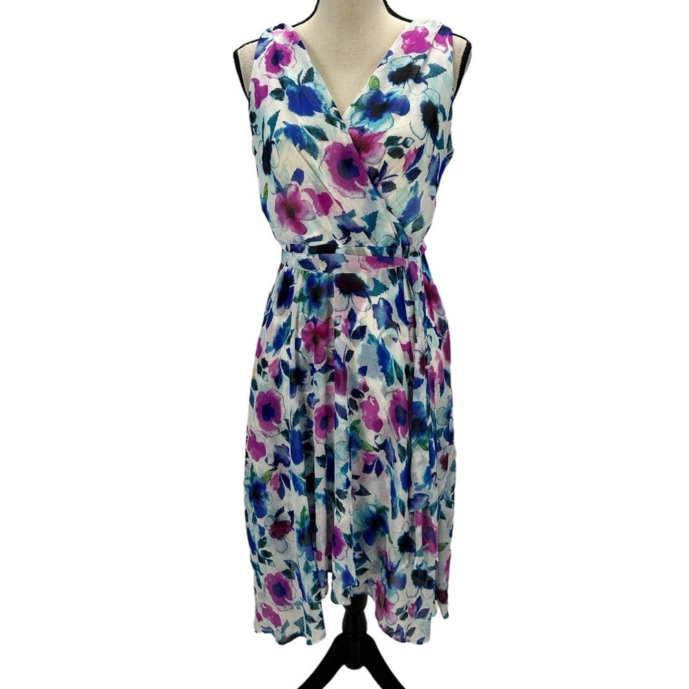 DKNY Sleeveless V Neck Faux Wrap Floral Print Midi Dress - Blue Pink - size 10